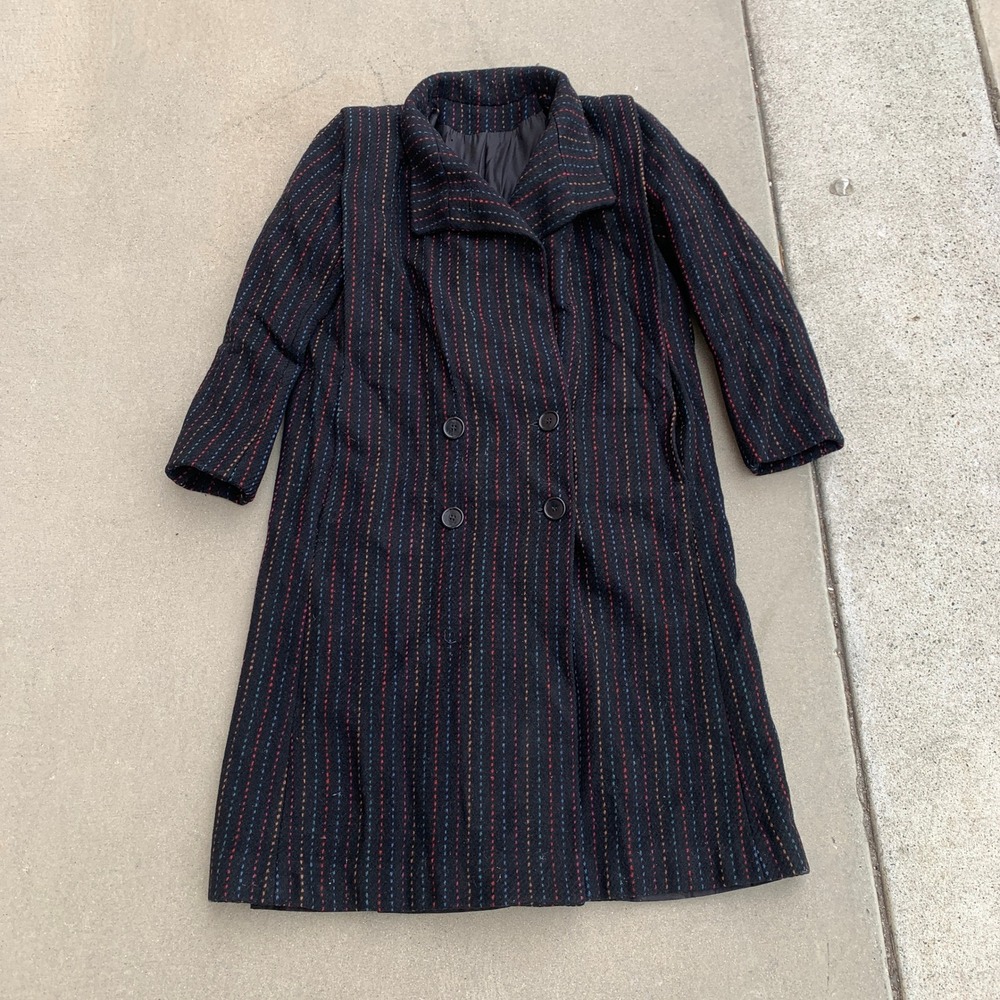 Vintage 60s Britanny Originals wool double-breasted coat in black w/ pinstripes‎